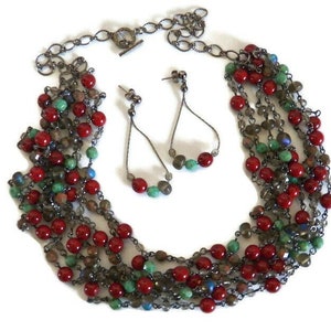 Multi Strand Beaded  Necklace in Gunmetal Chain and Czech Glass in Shades of Red, Turquoise and Light Topaz with Earrings