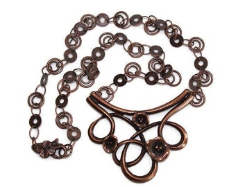 Copper Flower Pendant Necklace, Antique Copper Flower Pendant on Decorative Antique Copper Chain