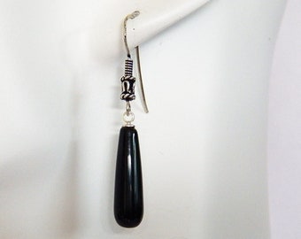 Black Onyx Tear Drop Beads on 925 Sterling Silver Fishhook Ear wires