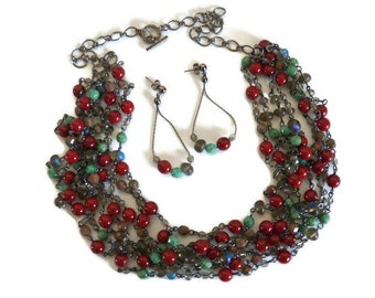 Multi Strand Beaded  Necklace in Gunmetal Chain and Czech Glass in Shades of Red, Turquoise and Light Topaz with Earrings