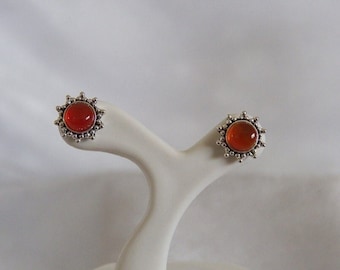 Carnelian Sterling Stud Earrings Sterling Silver Flower Stud Setting