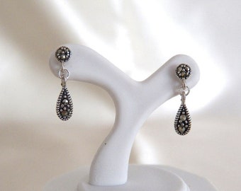 Delicate 925 Sterling Silver Marcasite Tear Drop Post Earrings