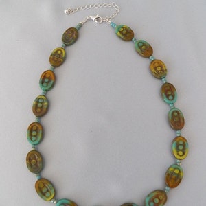 Czech Glass Necklace Set, Blue, Green and Brown Picasso Oval Table Cut Beaded Necklace and Matching Earrings image 3