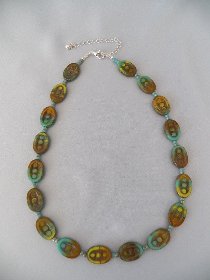 Czech Glass Necklace Set, Blue, Green and Brown Picasso Oval Table Cut Beaded Necklace and Matching Earrings Bild 3