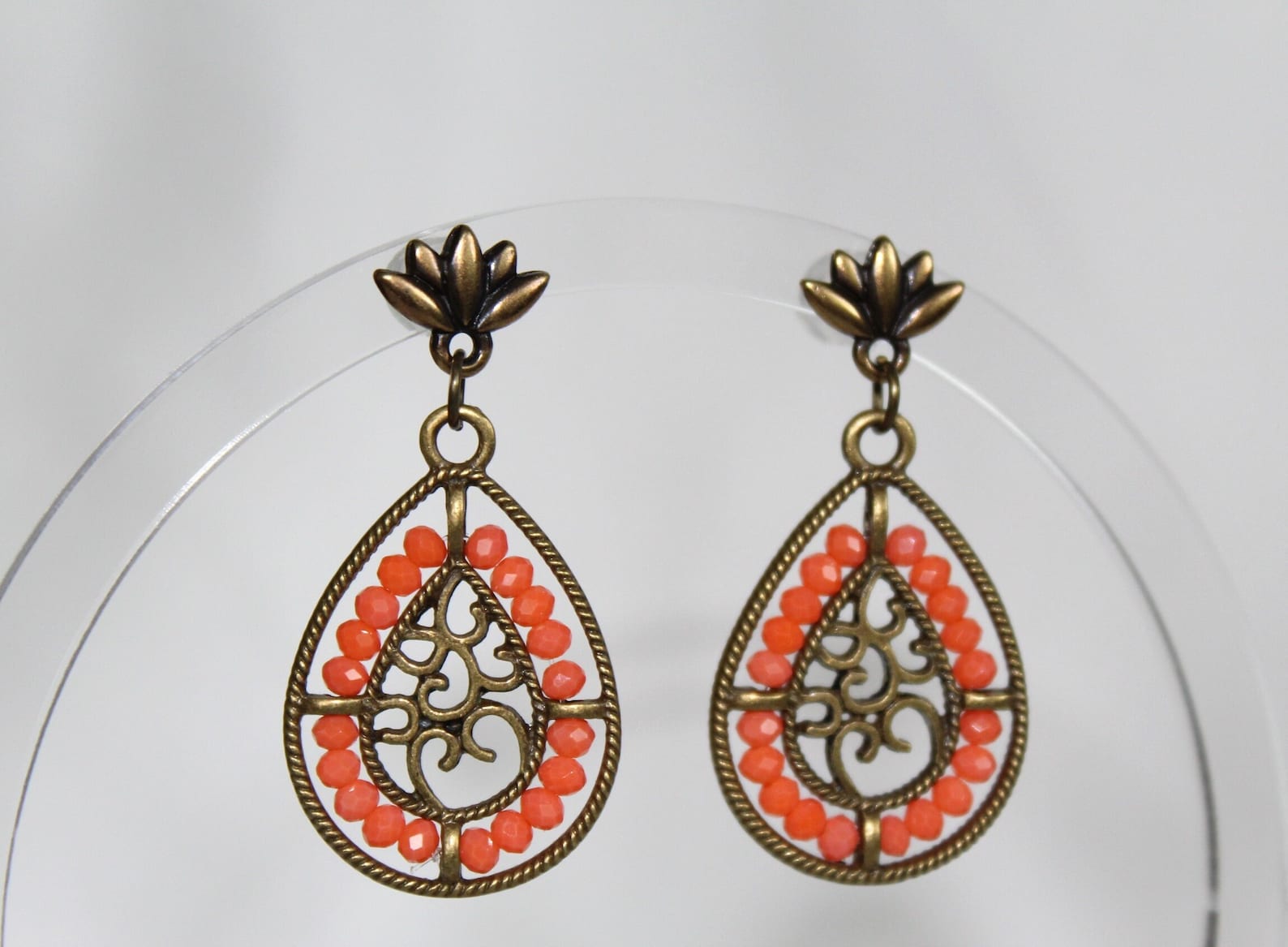 Peach Beaded Earrings Antique Brass Teardrops With Peach Glass Beads Etsy