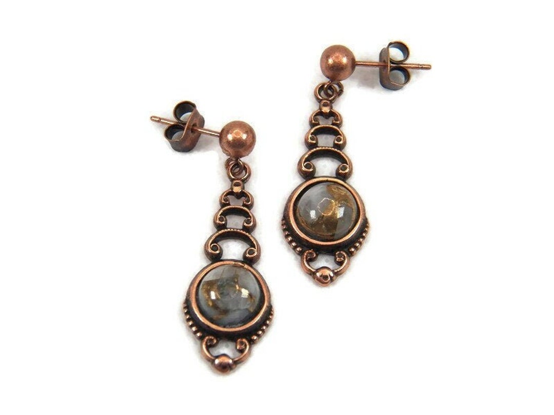 Antique Copper Drop Earrings With Natural Ivory Copper Calcite Cabochon