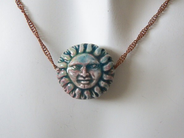 Copper Chain Necklace W/sun and Moon Peruvian Ceramic Bead - Etsy