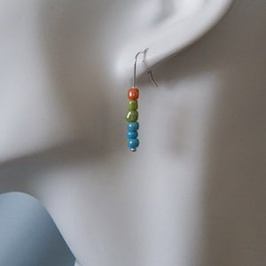 May include: A pair of dangle earrings with a silver hook and a graduated strand of turquoise, green, and orange beads.
