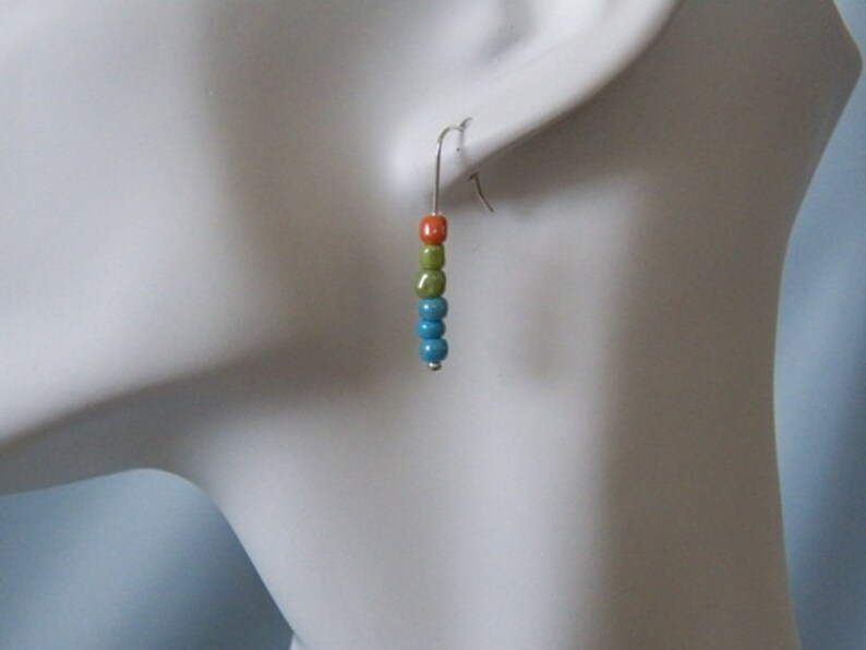 May include: A pair of dangle earrings with a silver hook and a graduated strand of turquoise, green, and orange beads.