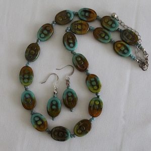 Czech Glass Necklace Set, Blue, Green and Brown Picasso Oval Table Cut Beaded Necklace and Matching Earrings image 7