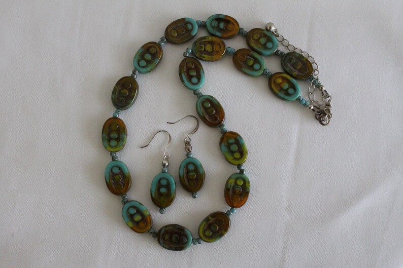 Czech Glass Necklace Set, Blue, Green and Brown Picasso Oval Table Cut Beaded Necklace and Matching Earrings image 7