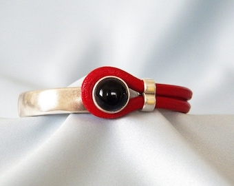 Half Cuff Onyx and Red Leather Bracelet