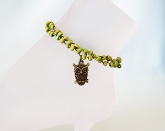 Lime Green Wood Beads and Brass Owl Ankle Bracelet