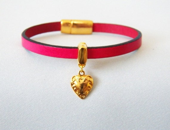 Girls Pink Leather & Heart Bracelet