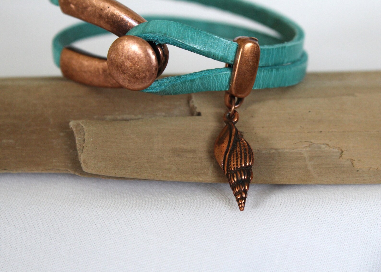 Leather Seashell Bracelet, Antique Copper Seashell and Turquoise