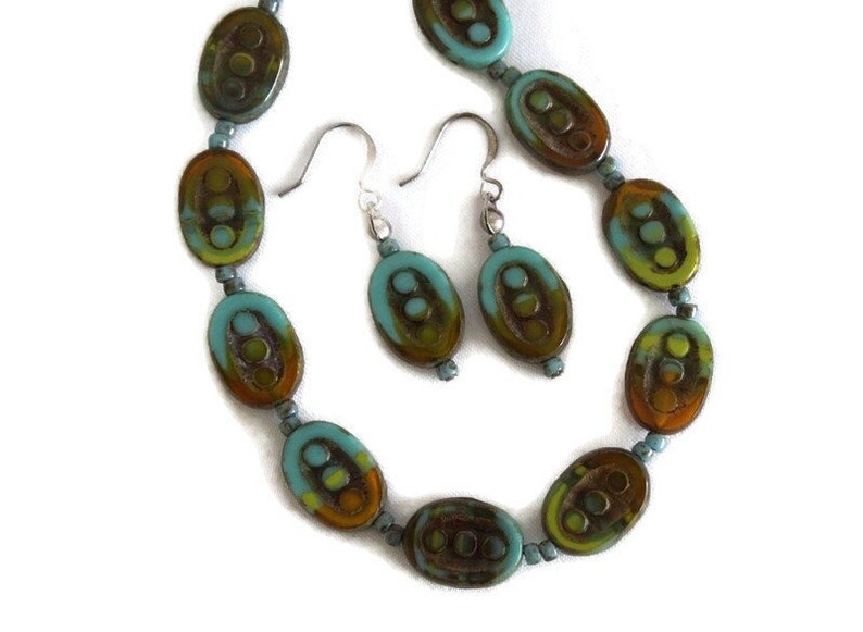 Czech Glass Necklace Set, Blue, Green and Brown Picasso Oval Table Cut Beaded Necklace and Matching Earrings image 1