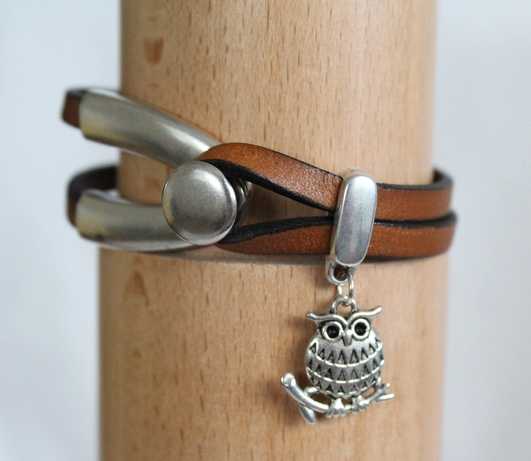 Leather Owl Bracelet, Brown Leather Wishbone Bracelet with Two-Sided Owl Charm
