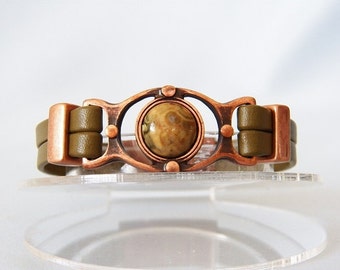 Antique Copper, Rhyolite Stone and Olive Leather Bracelet