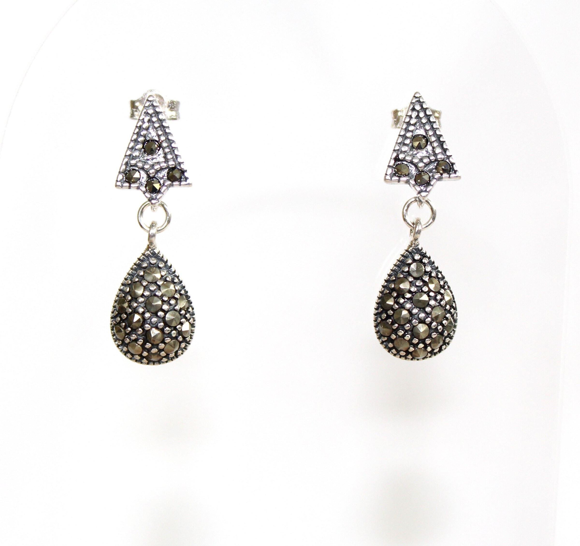 Vintage Style Crystal Drop Earrings - Jet Black/Grey Marcasite With Gunmetal Setting