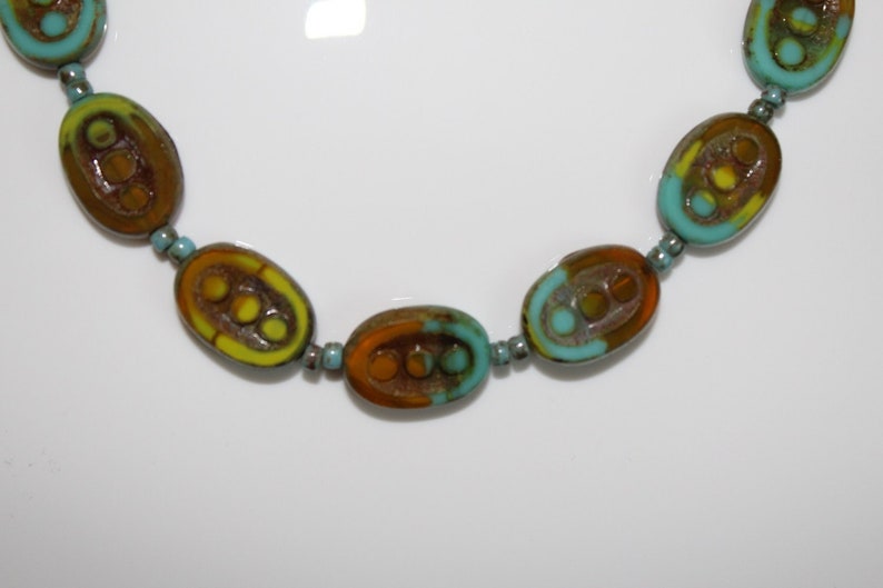 Czech Glass Necklace Set, Blue, Green and Brown Picasso Oval Table Cut Beaded Necklace and Matching Earrings image 6