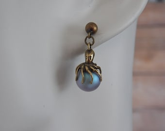Antique Brass Octopus Earrings with Premium Half-Drilled Iridescent Light Blue Pearls
