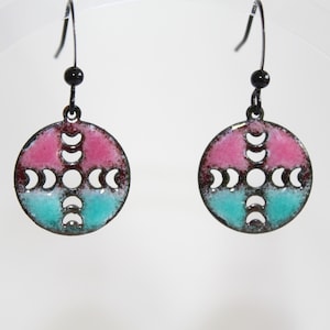 Teal and Dark Pink Enameled Drop Earrings