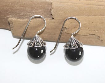 Marcasite and Onyx Sterling Silver Fishhook Earrings