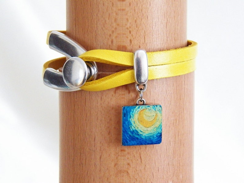 Bright Yellow Leather Bracelet With Ceramic Starry Night Charm Etsy