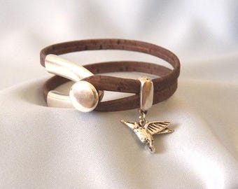 Hummingbird Cork Bracelet Antique Silver Wishbone Clasp with Dark Brown Cork and Hummingbird Charm
