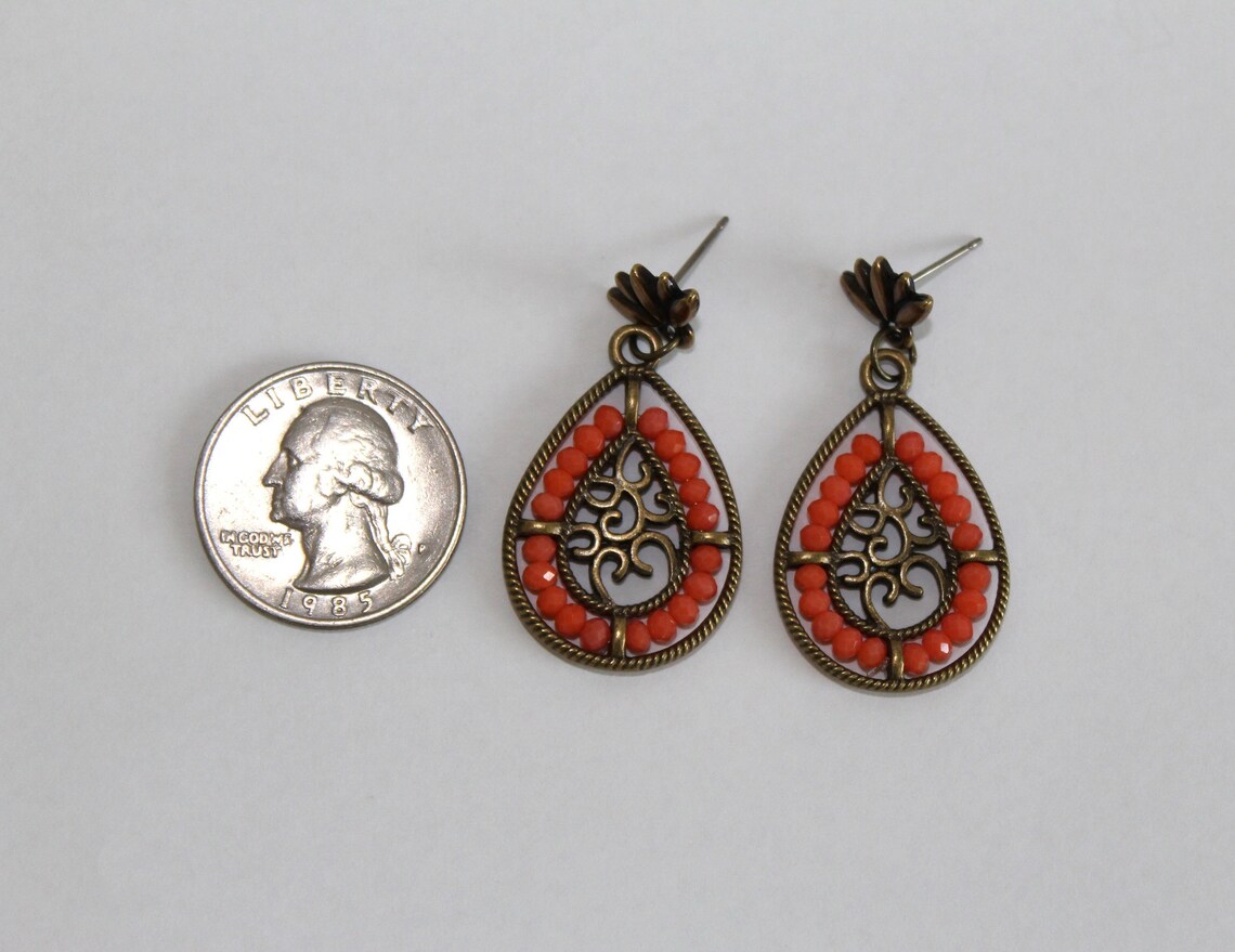 Peach Beaded Earrings Antique Brass Teardrops With Peach Glass Beads Etsy