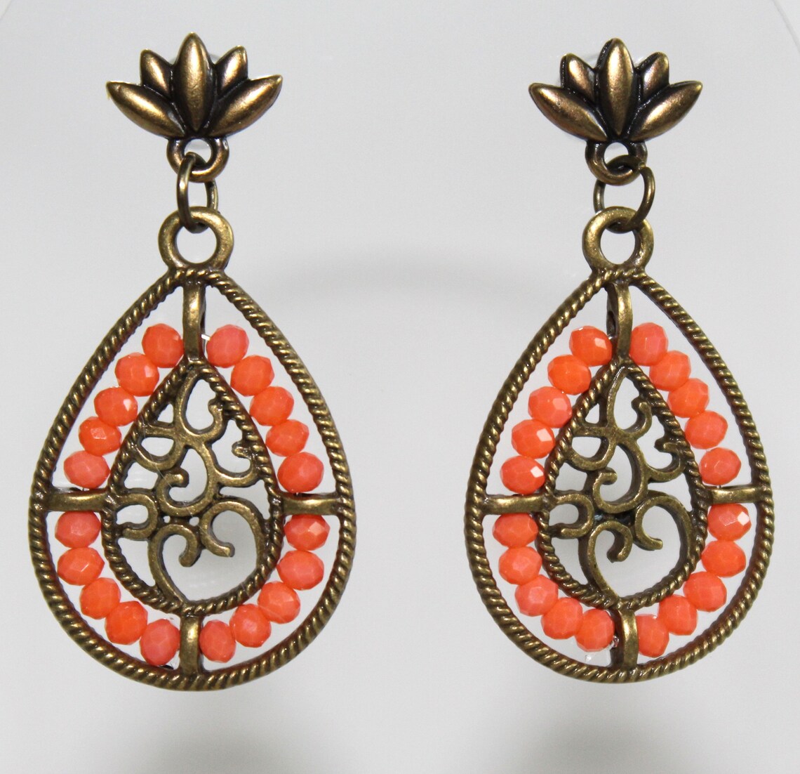 Peach Beaded Earrings Antique Brass Teardrops With Peach Glass Beads Etsy