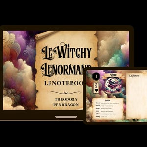 May include: A digital illustration of a Lenormand deck card with a witch riding a broom. The card is titled "Rider" and is number 1. The card is on a tablet screen with a note-taking app open. The app has a section for notes and a section for card meanings. The app is titled "Le Witchy Lenormand Lenotebook" by Theodora Pendragon.