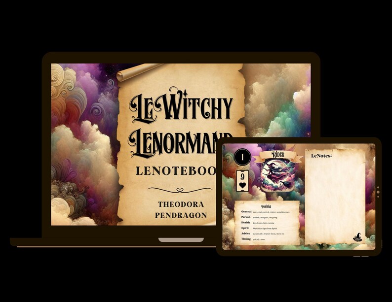 May include: A digital illustration of a Lenormand deck card with a witch riding a broom. The card is titled "Rider" and is number 1. The card is on a tablet screen with a note-taking app open. The app has a section for notes and a section for card meanings. The app is titled "Le Witchy Lenormand Lenotebook" by Theodora Pendragon.