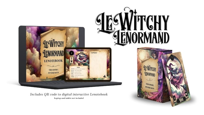 May include: A set of tarot cards with a witchy theme. The box features a watercolor design with a witch and a crescent moon. The cards are illustrated with a witch flying on a broomstick. The box includes a QR code for a digital interactive Lenotebook.