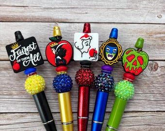 Villain Inspired Beaded Pens | Fairytale Evil Queen Pen | Dark Fantasy Stationery