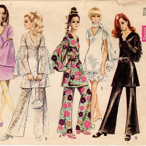 60s Simplicity 8548 Misses' Mini Dress, Pants, Sash or Scarf Sewing Pattern UNCUT