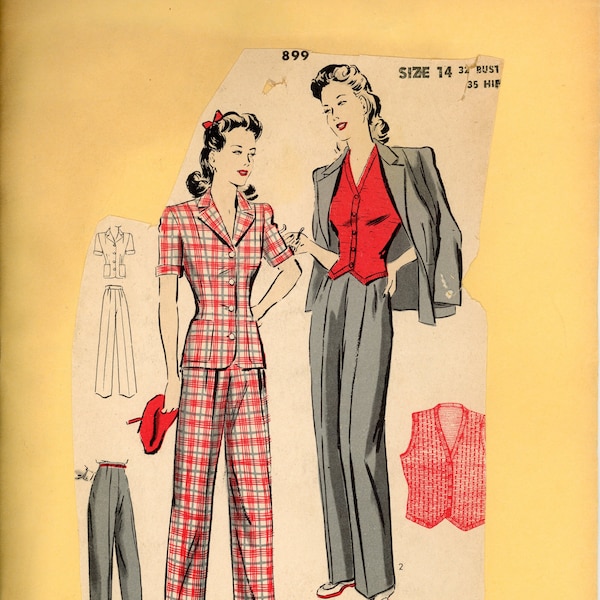 1940s Hollywood 899 Women's Suit; Slacks, Jacket and Waistcoat Sewing Pattern