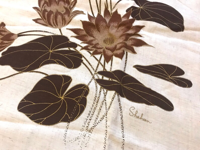 1960s Alfred Shaheen Hawaiian Fabric Panel Brown Lily Pad /& Blossoms Floral Pattern Hand Silk Screened