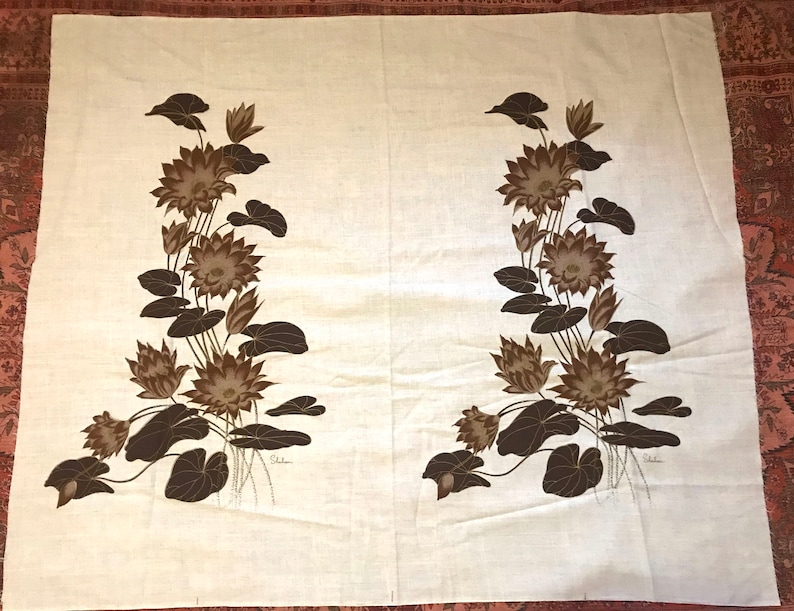 1960s Alfred Shaheen Hawaiian Fabric Panel Brown Lily Pad /& Blossoms Floral Pattern Hand Silk Screened
