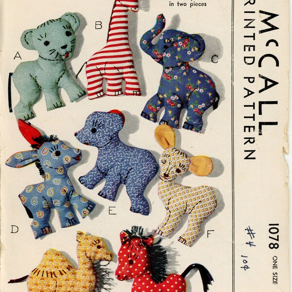 40s McCall 1078 Set of Stuffed Animals Sewing Pattern CUT