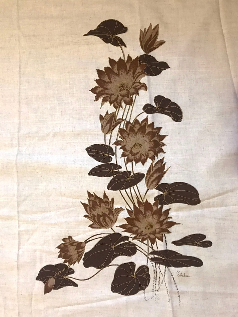 1960s Alfred Shaheen Hawaiian Fabric Panel Brown Lily Pad /& Blossoms Floral Pattern Hand Silk Screened