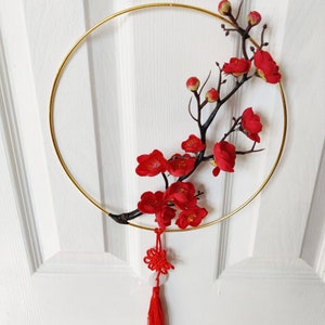Minimalist Lunar New Year Wreath w/ Red Quince Blossoms – Tết