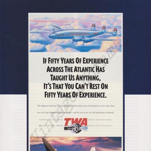 TWA / Trans World Airlines Original 1996 Vintage Color Print Advertisements - 50 Years of Transatlantic Service / Different Styles