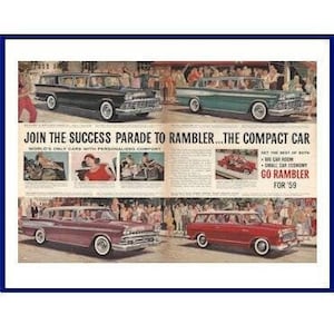 1959 RAMBLER AMERICAN Automobiles Original 1958 Vintage Extra Large Double-Page Color Print Advertisement - AMC Compact Cars * Parade Theme