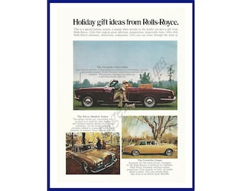 Anuncio original de Rolls-Royce Automobile, impresión a color de 1972, "Ideas para regalos navideños de Rolls-Royce". Cornishe y Silver Shadow.