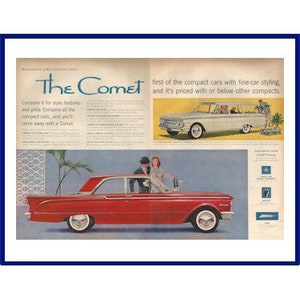 MERCURY COMET Automobile Original 1960 Vintage Extra Large Double-Page Color Print Advertisement - Red 2-Door Car & White Station Wagon