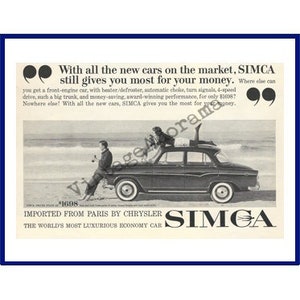 SIMCA AUTOMOBILE Original 1960 Vintage Black & White Print Advertisement - French 4-Door Car * Bird Watching at the Beach Theme