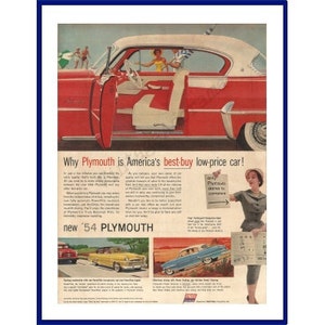 PLYMOUTH BELVEDERE AUTOMOBILE Original 1954 Vintage Extra Large Print Advertisement - &quot;Why Plymouth Is America&#39;s Best-Buy Low-Price Car!&quot;