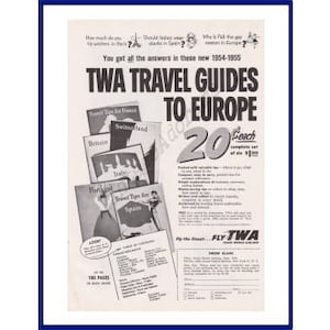 TWA / Trans World Airlines Original 1954 Vintage Black & White Print Advertisement - &quot;TWA Travel Guides To Europe&quot;