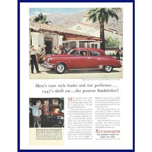 STUDEBAKER Regal De Luxe Land Cruiser Automobile Original 1947 Vintage Color Print Advertisement - Red 4-Door Car